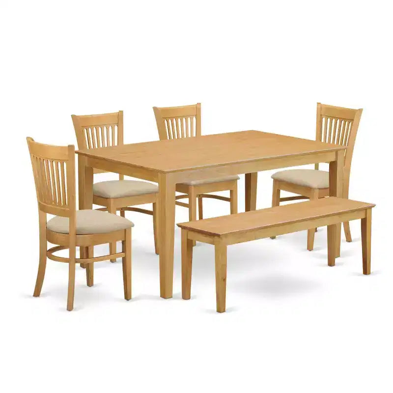 HomeStock 6-Piece Rectangle Natural Oak Finish Solid Wood Top Dining Table with 1 Bench, 4 Chairs