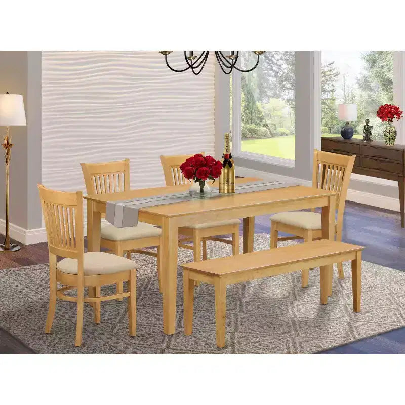 HomeStock 6-Piece Rectangle Natural Oak Finish Solid Wood Top Dining Table with 1 Bench, 4 Chairs