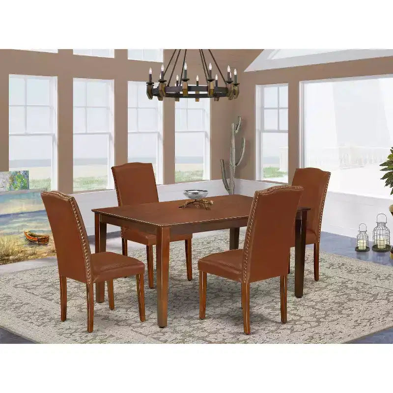 Tuscan Dining Set - Rectangle Table & 4 Chairs - Brown Faux Leather - 60 Table - Home Stock