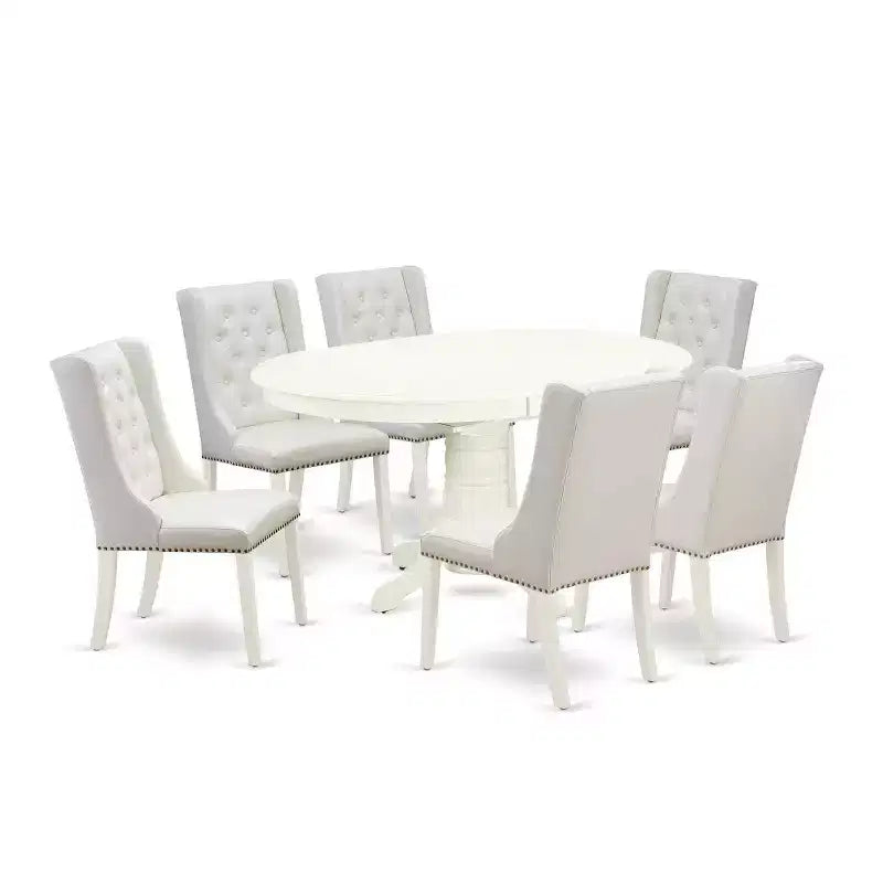 HomeStock 7-Piece Linen White Finish Solid Wood Top Dining Table with 6 Parson Chairs