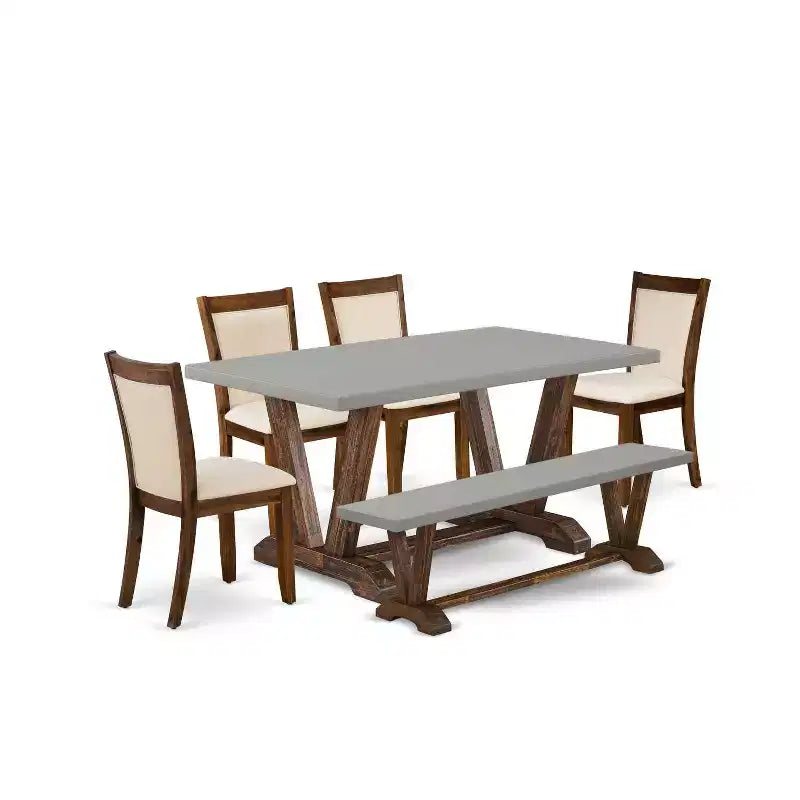 HomeStock 6-Piece Rectangle Distressed Jacobean Finish Solid Wood Top Dining Table with 1-Bench, 4-Chairs