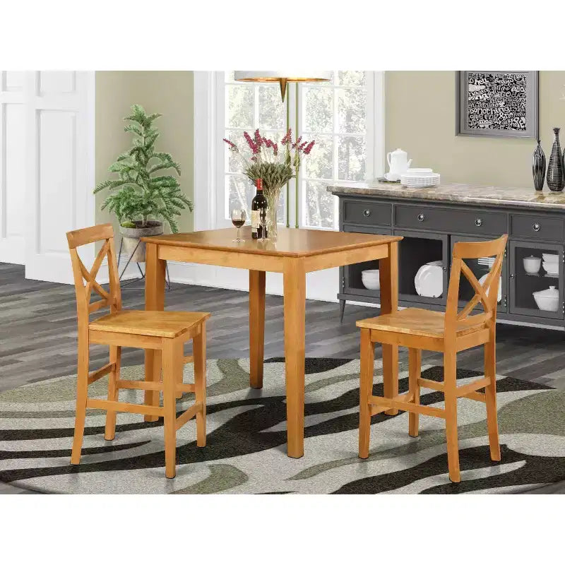 Counter Height Dining Set - Pub Table & Stools - Modern Design - Asian Wood - Brown Finish