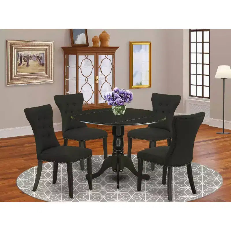 HomeStock 5-Piece Round Black Finish Solid Wood Top Dining Table with 4 Parson Chair