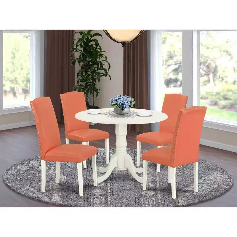 Round Kitchen Table Set 5pc 42 Inch Table w/ Drop Leaves & 4 Pink Flamingo Chairs
