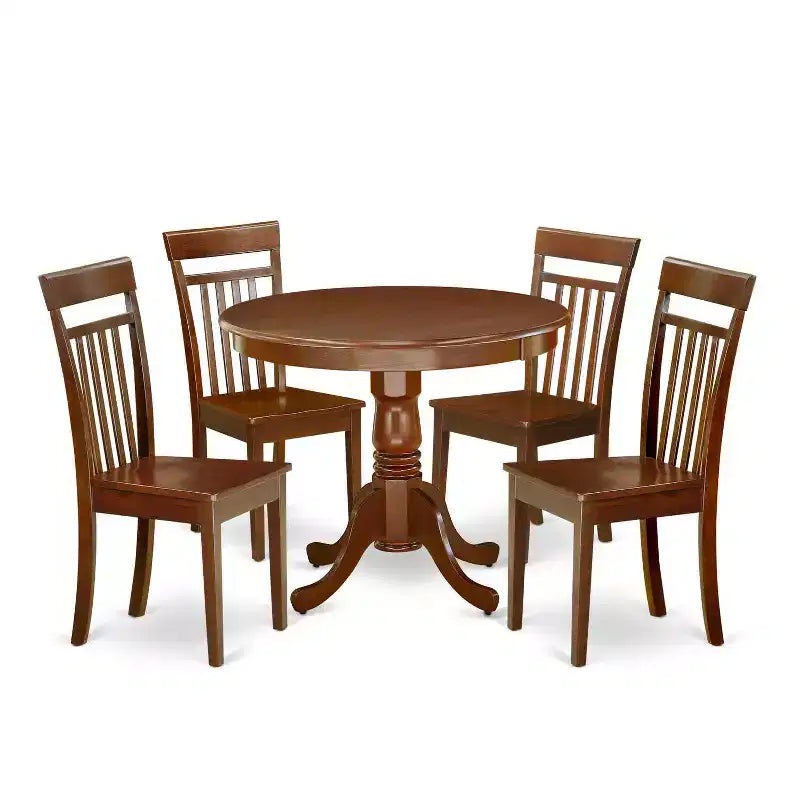 HomeStock 5-Piece Round Mahogany Finish Solid Wood Top Dining table with 4-Chairs