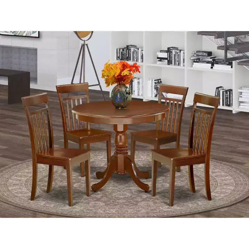 HomeStock 5-Piece Round Mahogany Finish Solid Wood Top Dining table with 4-Chairs