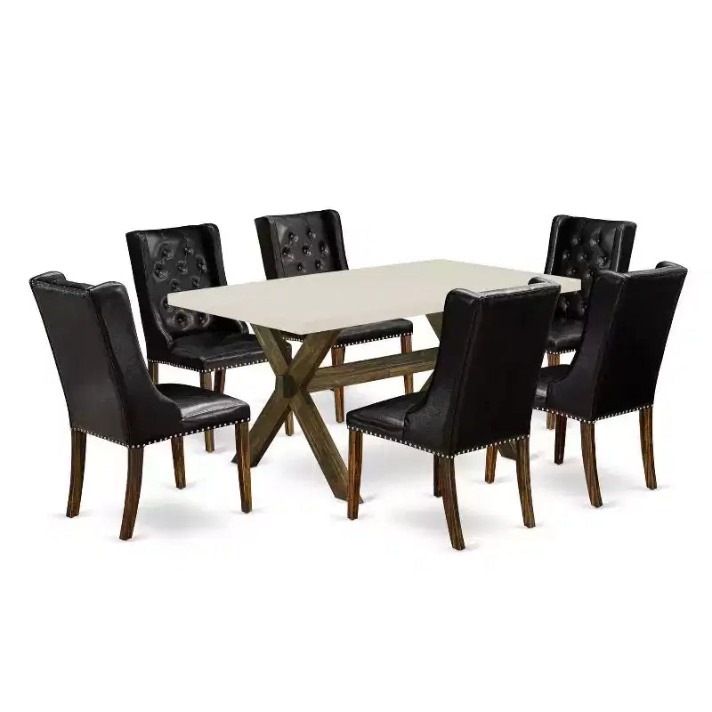 HomeStock 7-Piece Distressed Jacobean Finish Solid Wood Top Dining Table with 6 Parson-Chairs
