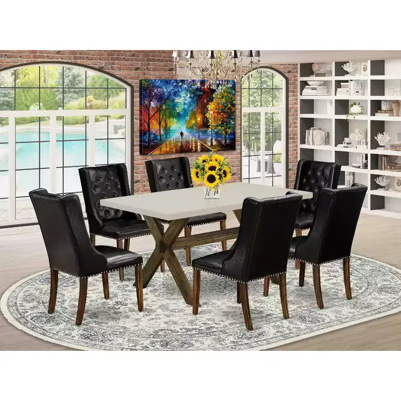 HomeStock 7-Piece Distressed Jacobean Finish Solid Wood Top Dining Table with 6 Parson-Chairs