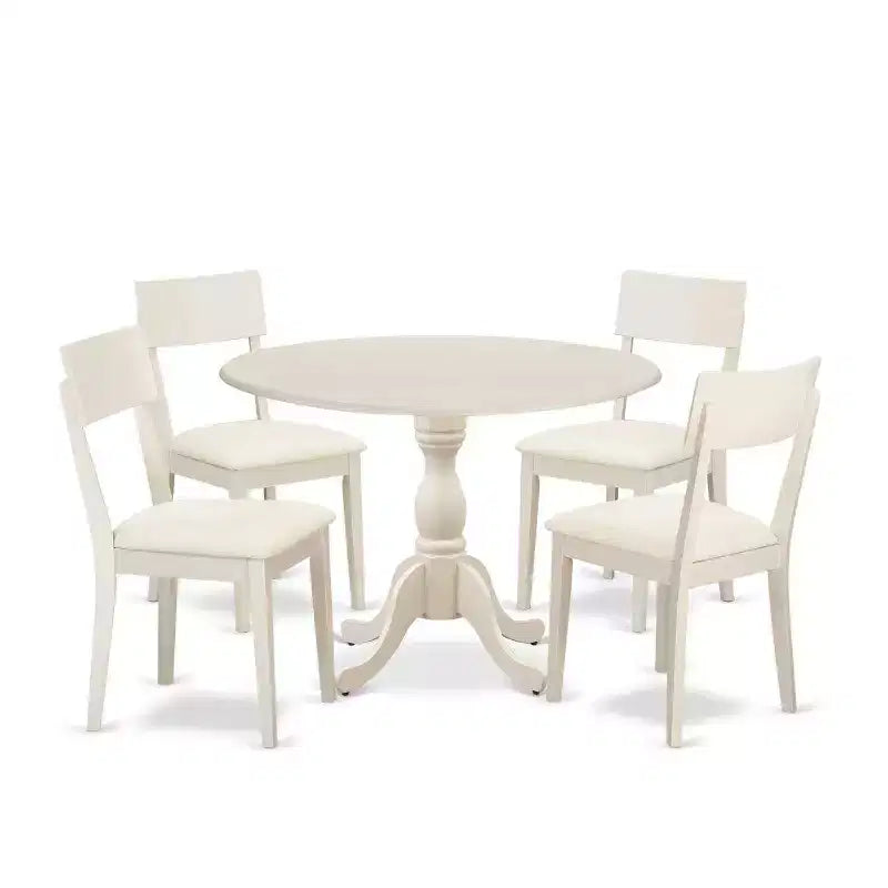 HomeStock 5-Piece Linen White Finish Solid Wood Top Dining table with 4-Chairs with Drop Leaf Lattice Back
