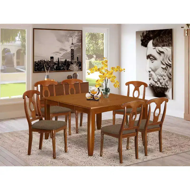 HomeStock 7-Piece Square Saddle Brown Finish Solid Wood Top Dining Table with 6-Chairs