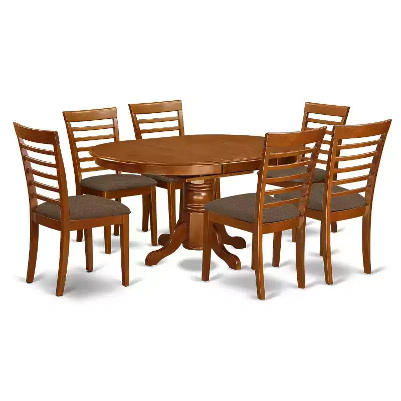 7-Piece Oval Saddle Brown Finish Solid Wood Top Dining Table with 6-Chairs with