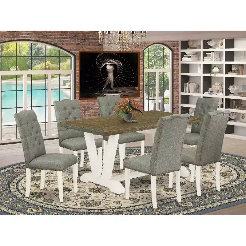 7-Piece Natural Oak Finish Solid Wood Top Dining Table with 6 Chairs with