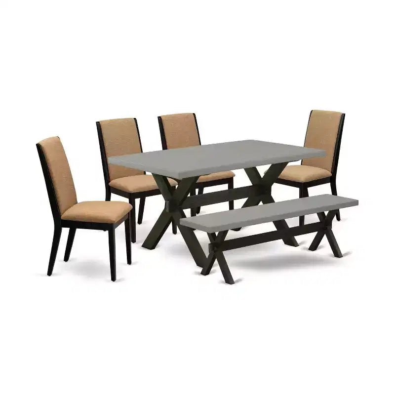 HomeStock 6-Piece Natural Oak Finish Solid Wood Top dining Table with 1-Bench and 4-Chairs