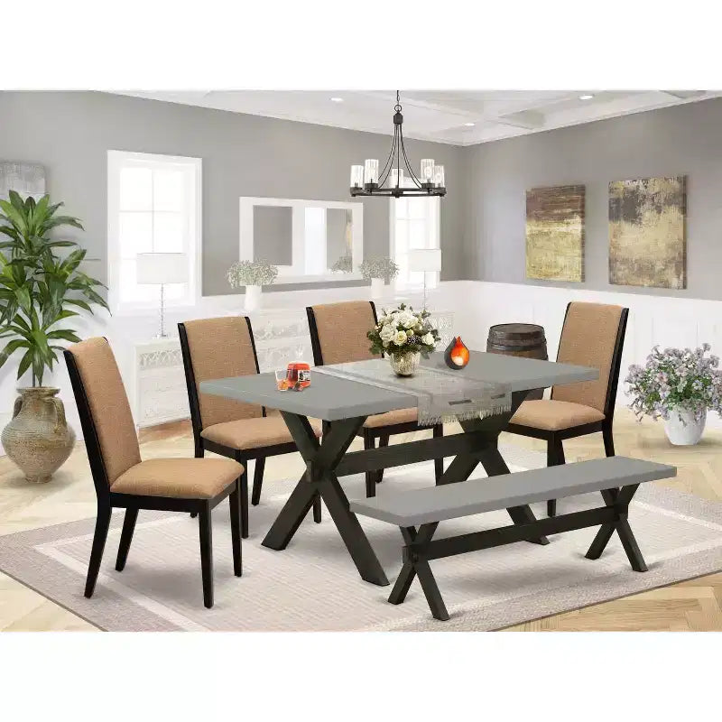 HomeStock 6-Piece Natural Oak Finish Solid Wood Top dining Table with 1-Bench and 4-Chairs