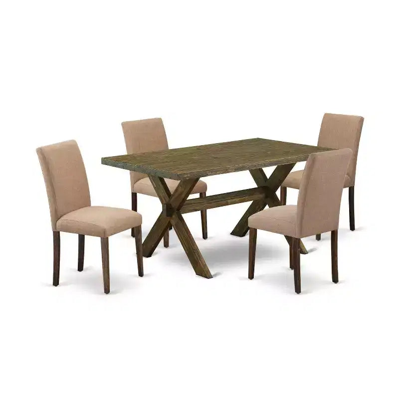 HomeStock 5-Pc Rectangle Distressed Jacobean Finish Solid Wood Top Dining Table with 4-Upholstered Chairs