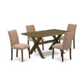 HomeStock 5-Pc Rectangle Distressed Jacobean Finish Solid Wood Top Dining Table with 4-Upholstered Chairs