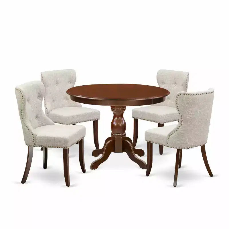 HomeStock 5-Piece Mahogany Finish Solid Wood Top Dining Table with 4 Parson Chair