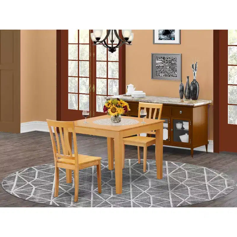 Mid-Century Table and Chairs Set - 3-Piece Dining Set - Oak Finish - 36 Square Table
