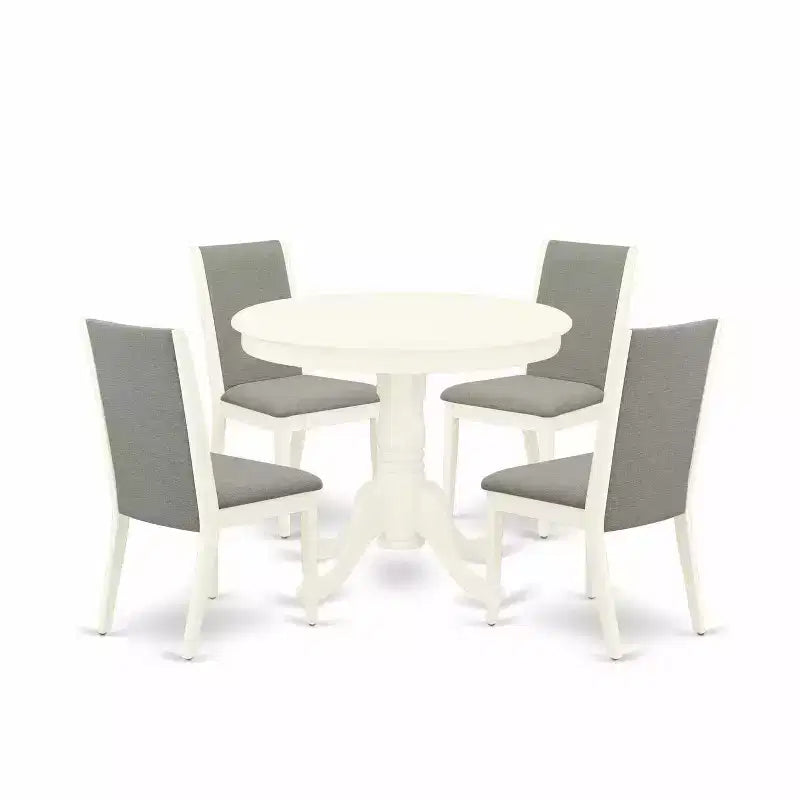 HomeStock 5-Piece Round Linen White Finish Solid Wood Top Dining Table with 4 Parson Chair