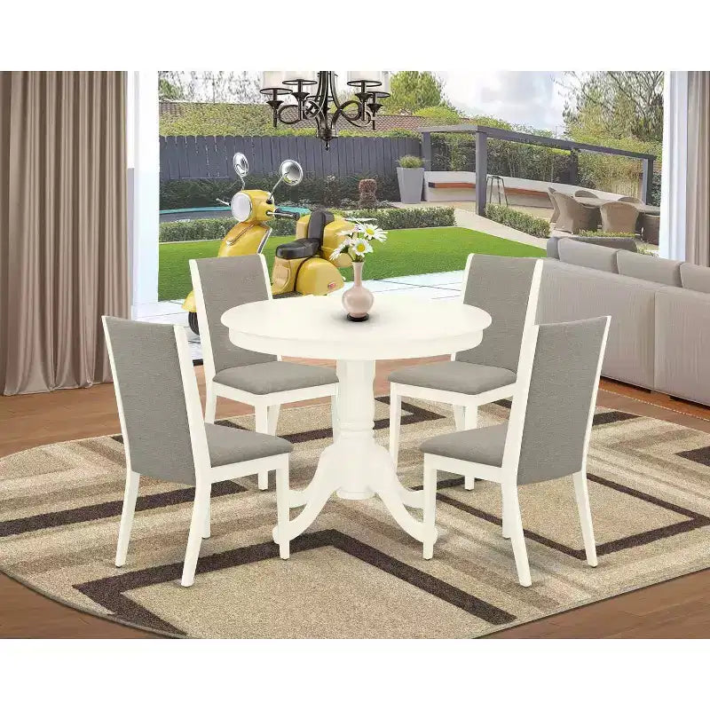 HomeStock 5-Piece Round Linen White Finish Solid Wood Top Dining Table with 4 Parson Chair