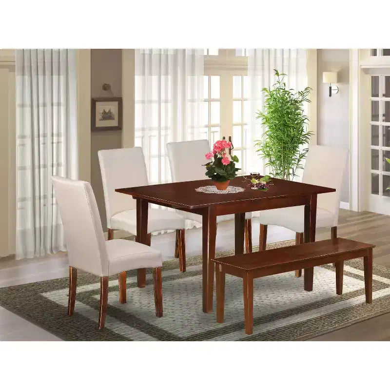 HomeStock 6-Piece Rectangle Mahogany Finish Solid Wood Top Dining Table with 1 Bench, 4 Chairs