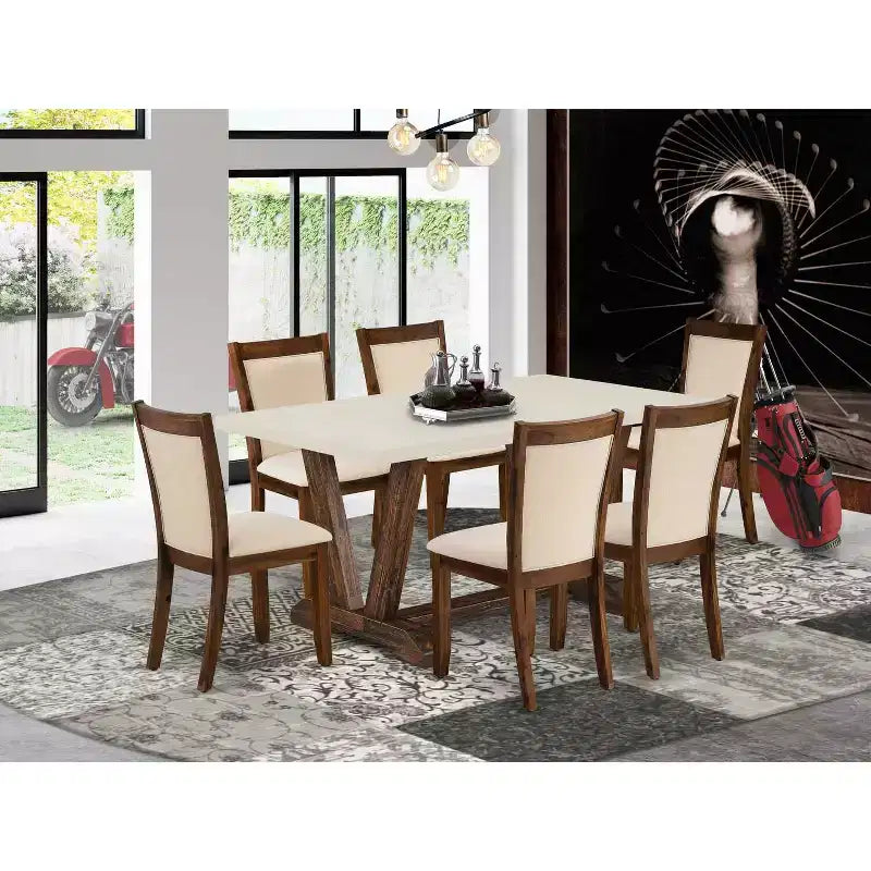 HomeStock 7-Piece Distressed Jacobean Finish Solid Wood Top Dining Table with 6-Chairs