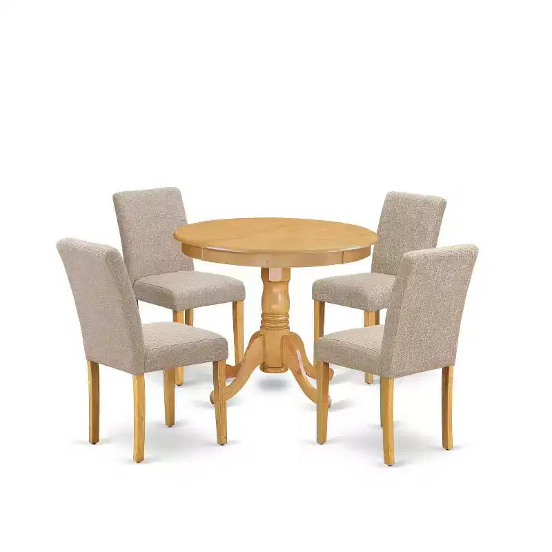 HomeStock 5-Piece Round Natural Oak Finish Solid Wood Top Dining Table with 4 Parson Chair