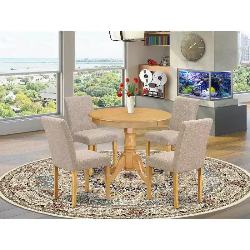HomeStock 5-Piece Round Natural Oak Finish Solid Wood Top Dining Table with 4 Parson Chair