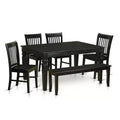 HomeStock 6-Piece Rectangle Black Finish Solid Wood Top dining Table with 1 Bench and 4 Chairs