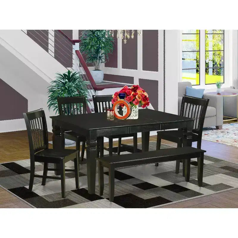 HomeStock 6-Piece Rectangle Black Finish Solid Wood Top dining Table with 1 Bench and 4 Chairs