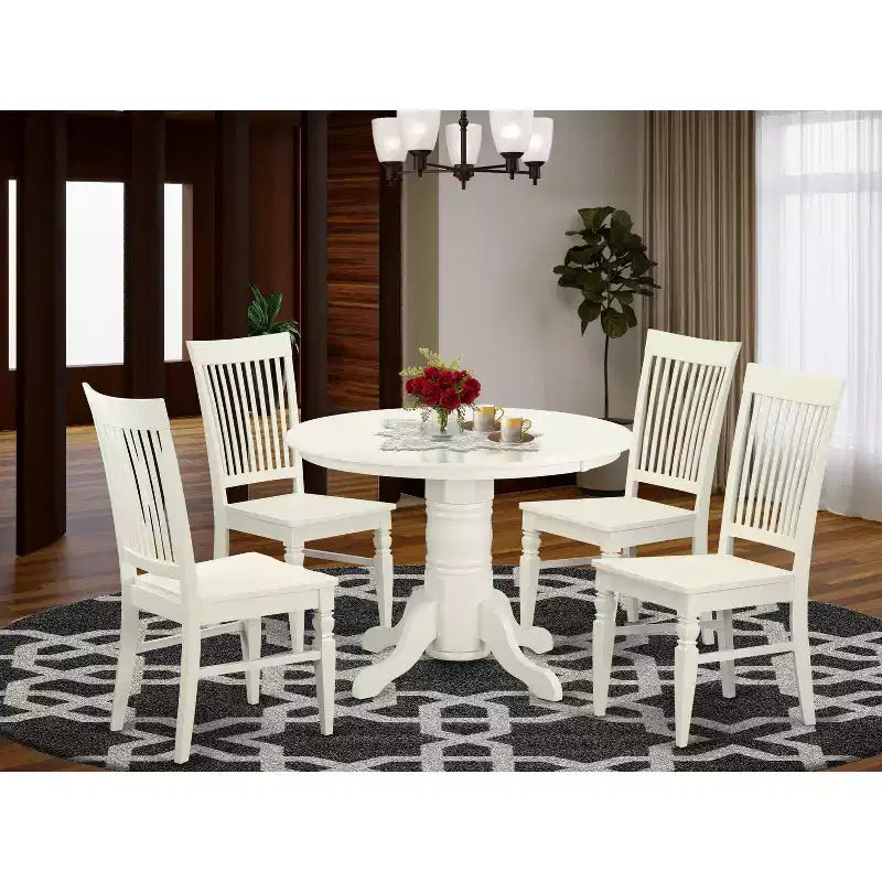 Modern Dining Set 5 Piece Table & Chairs - Round Kitchen Table with 4 Chairs - 42 Inch Linen White