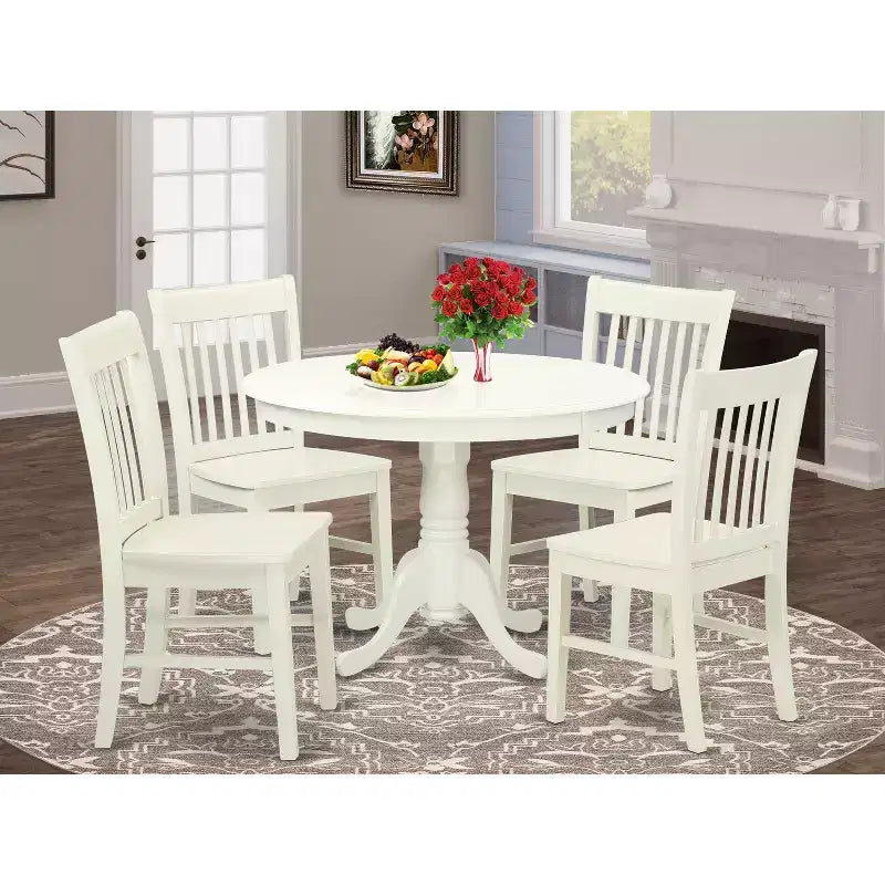 Dining Table Set for 4 - 42 Inch Round Kitchen Table with 4 Chairs - Linen White Finish