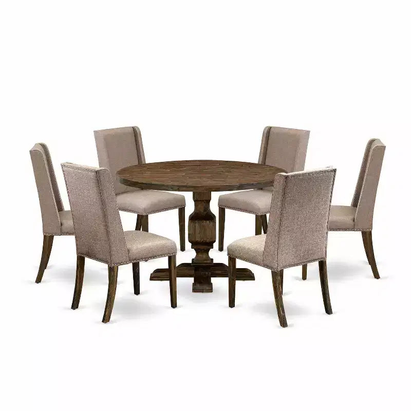 HomeStock 3-Piece Distressed Jacobean Finish Solid Wood Top Dining Table with 2-Upholstered Chairs