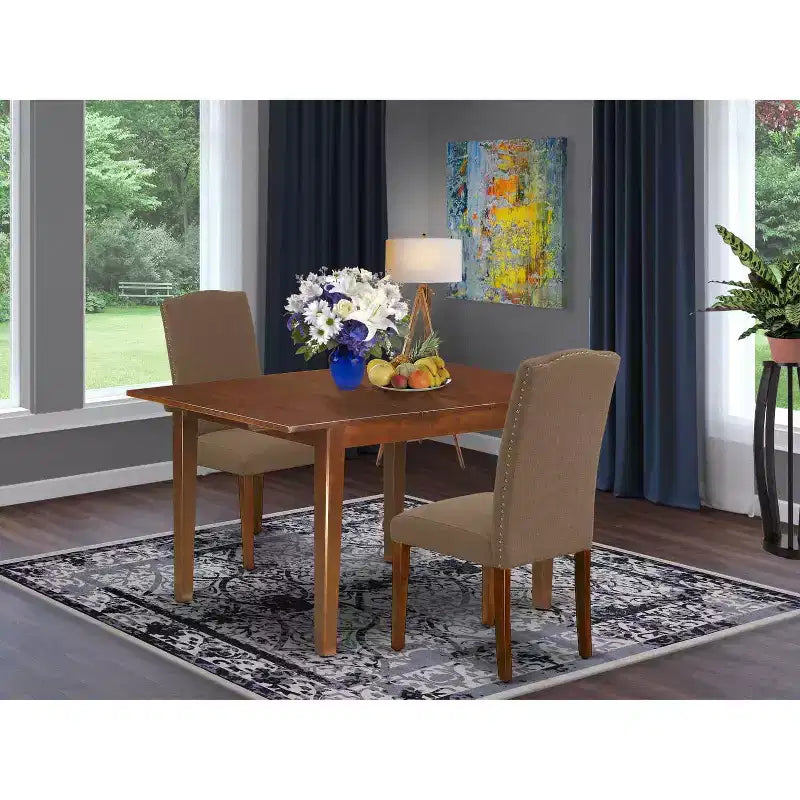 Rectangular Dining Table Set - 3pc Table & 2 Parsons Chairs - Dark Coffee Linen Fabric - 42 to 53.5