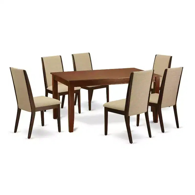 HomeStock 7-Piece Rectangle Mahogany Finish Solid Wood Top Dining Table with 6 Parson Chairs