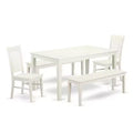 HomeStock 5-Piece Rectangle Linen White Finish Solid Wood Top Dining Table with 2 Benches, 2 Chairs