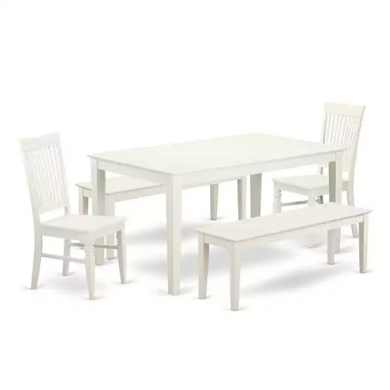 HomeStock 5-Piece Rectangle Linen White Finish Solid Wood Top Dining Table with 2 Benches, 2 Chairs