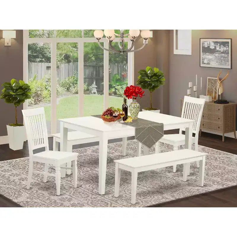 HomeStock 5-Piece Rectangle Linen White Finish Solid Wood Top Dining Table with 2 Benches, 2 Chairs