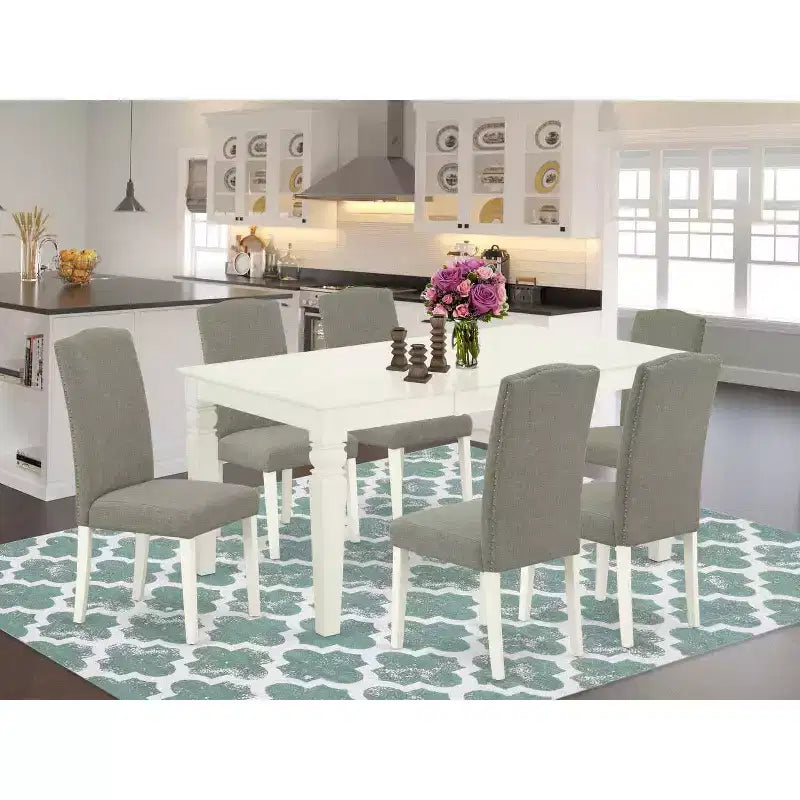Rectangular Dinette Table Set 7Pc - 42/60 Table w/ Leaf & 6 Parsons Chairs - Linen White Legs