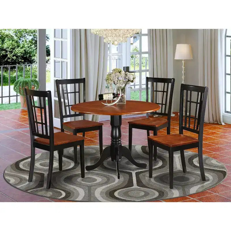 Kitchen Table Set for 4 - 42x42 Drop Leaf Dining Table & Chairs, Asian Hardwood, Black Finish