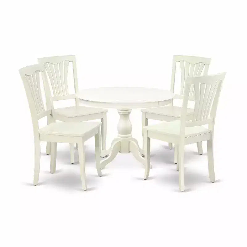 HomeStock 5-Pc Linen White Finish Solid Wood Top Dining table with 4 Chairs with Slat Back