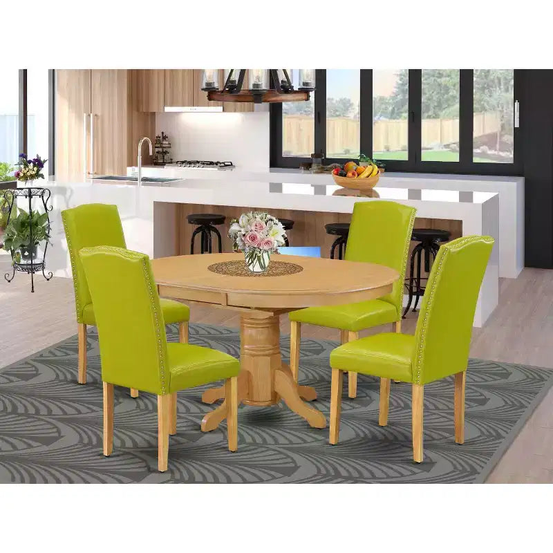 Oval Dining Table Set 5pc 42-60 Table w/ Butterfly Leaf & 4 Parsons Chairs - Autumn Green