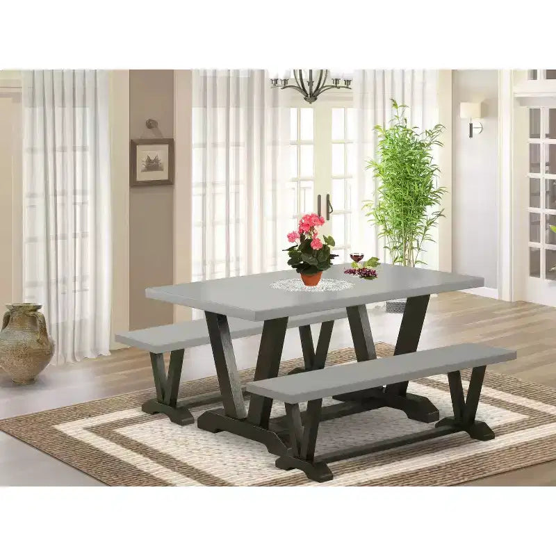 HomeStock 3-Piece Rectangle Natural Oak Finish Solid Wood Top Dining Table with 2-Benches