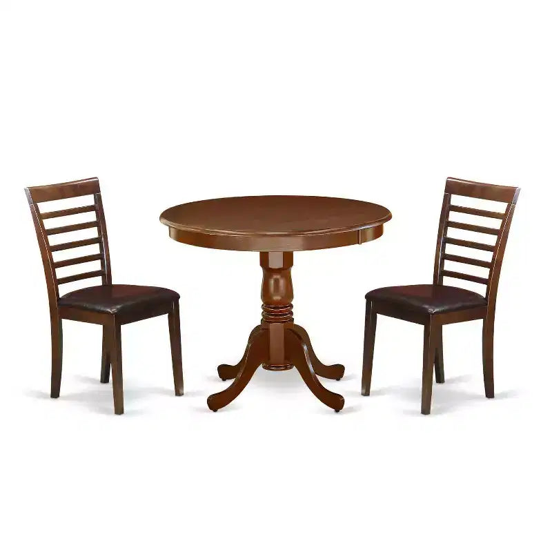 Round Pedestal Dining Table Set - 3 Piece Kitchen Chairs - 36 Inch Mahogany Finish - Small Space Dining