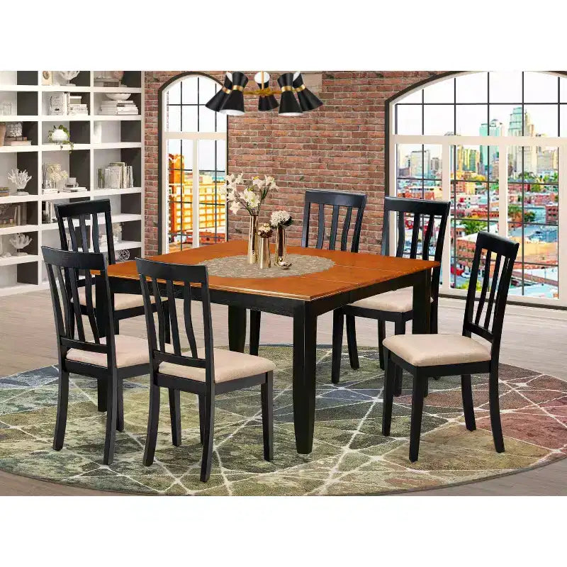 HomeStock 7-Piece Square Black & Cherry Finish Solid Wood Top Dining Table with 6-Chairs