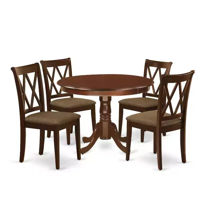 HomeStock 5-Piece Round Mahogany Finish Solid Wood Top Dining table with 4-Chairs with Cross Back