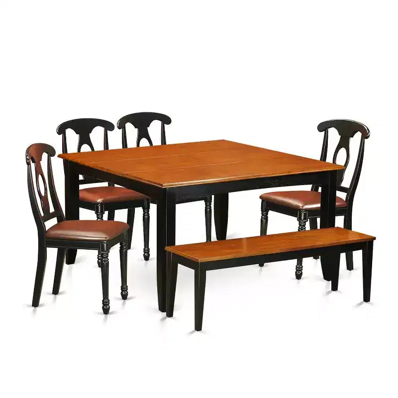 HomeStock 6-Piece Square Black & Cherry Finish Solid Wood Top dining Table with 1-Bench and 4-Chairs