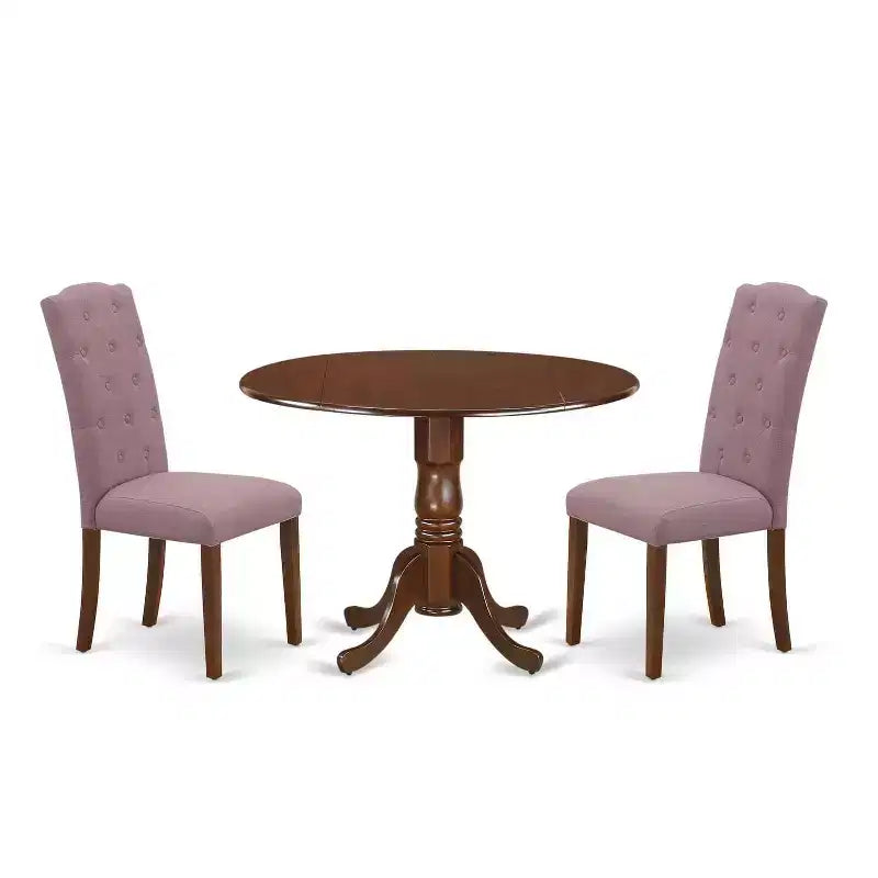 HomeStock 3-Piece Round Mahogany Finish Solid Wood Top Dining Table with 2-Parson Chairs with Drop Leaf