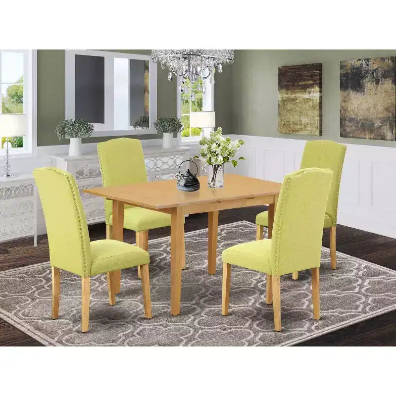 Nordic Dinette Set 5Pc Rectangle Table & 4 Chairs - Linen Fabric & Oak Legs - 42 to 53.5
