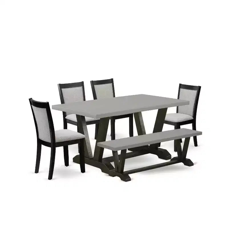 HomeStock 6-Piece Rectangle Natural Oak Finish Solid Wood Top Dining Table with 1-Bench, 4 Upholstered-Chairs